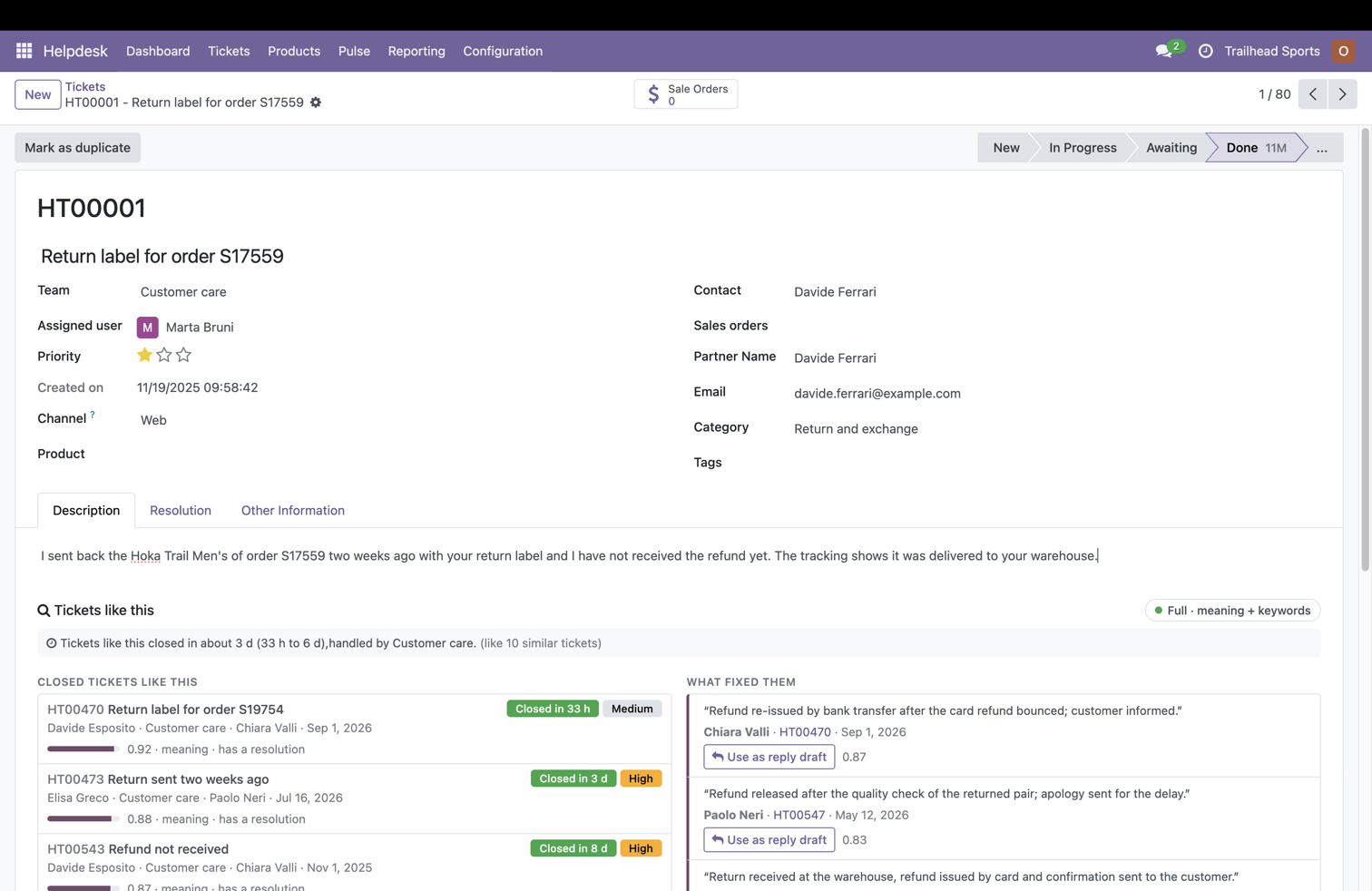 Odoo Helpdesk ticket form with Tickets like this, closed in about 3 days, and What fixed them with Use as reply draft buttons